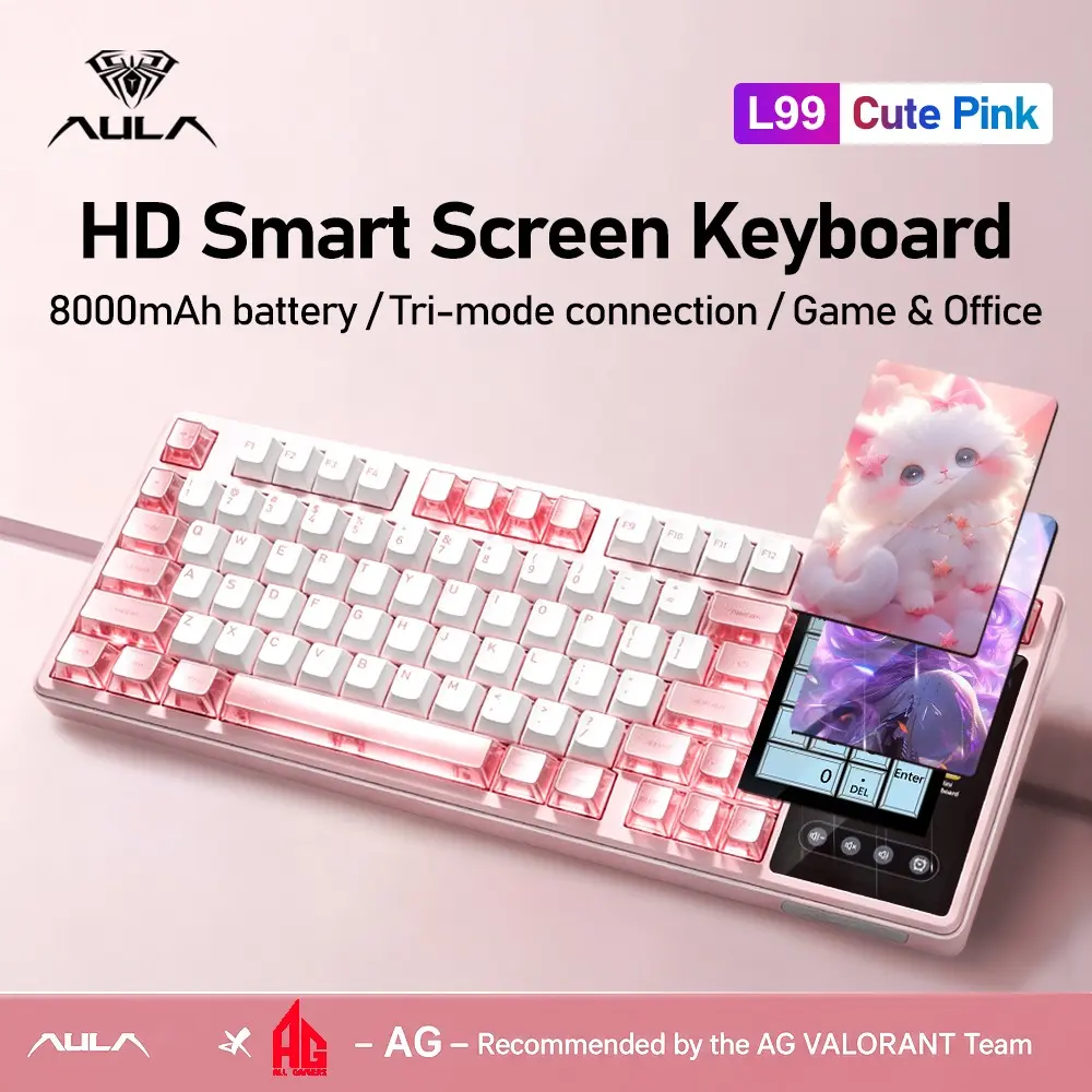 Aula L99 Mechanical Keyboard, Triple Mode, HD Smart Screen, 84 Keys, RGB Lighting, Large Capacity Battery, Compatible with Laptop/PC/Cell Phone, Pink Keyboard