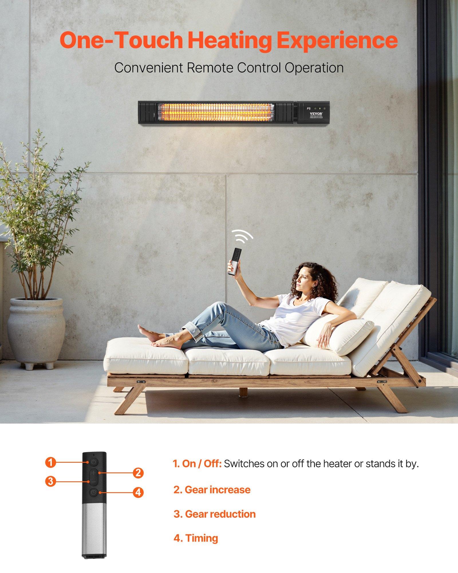 VEVOR Infrared Heater, 1500W Electric Space Infrared Carbon Heater with Remote Control & 9 Speeds & 24h Timer, for Porch,Patio,Dining Room,Studio,Backyard,Garage, Wall Mount Outdoor