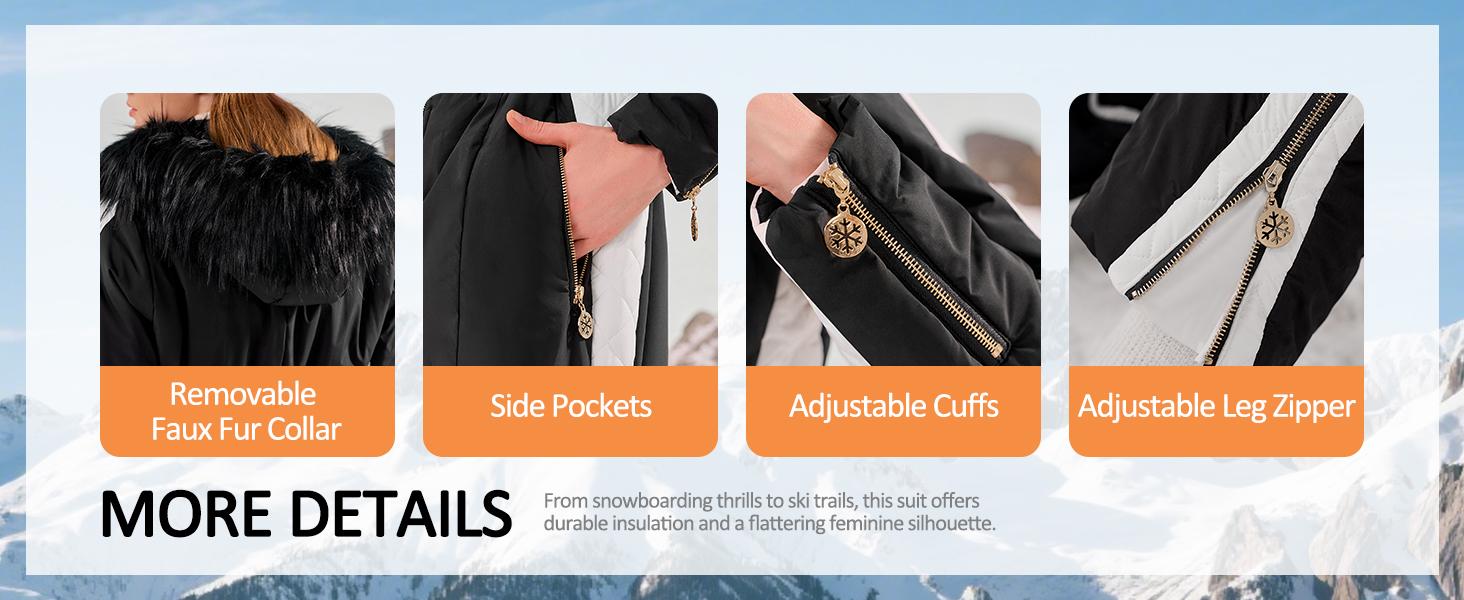 Yousify Womens Snow Suits Winter Ski Suit Onesie Outdoor Sports Waterproof Snowsuit Removable Faux Fur Collar Coat Jumpsuit