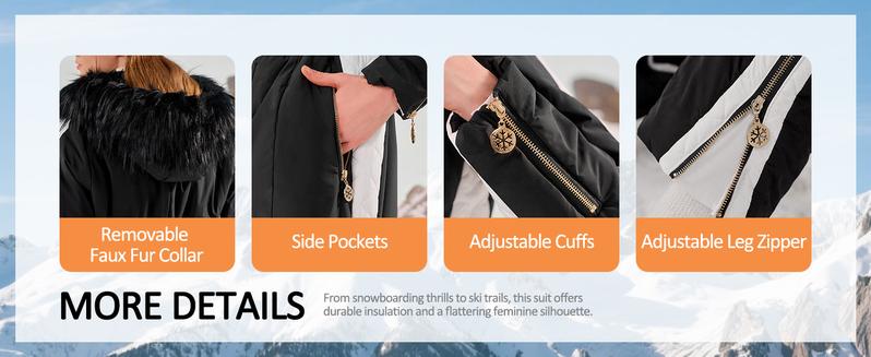 Yousify Womens Snow Suits Winter Ski Suit Onesie Outdoor Sports Waterproof Snowsuit Removable Faux Fur Collar Coat Jumpsuit