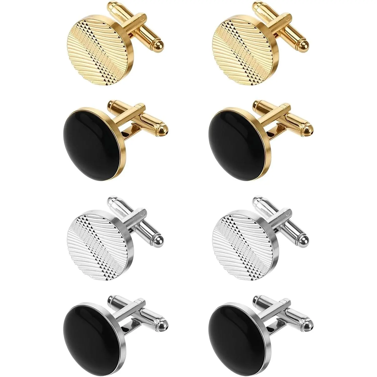 4 Pairs Men's Cufflinks Classic Fashion Gold/Silver Striped Disc Square Rectangle Cuff Links for Business Wedding Party Gift Box(Gift)