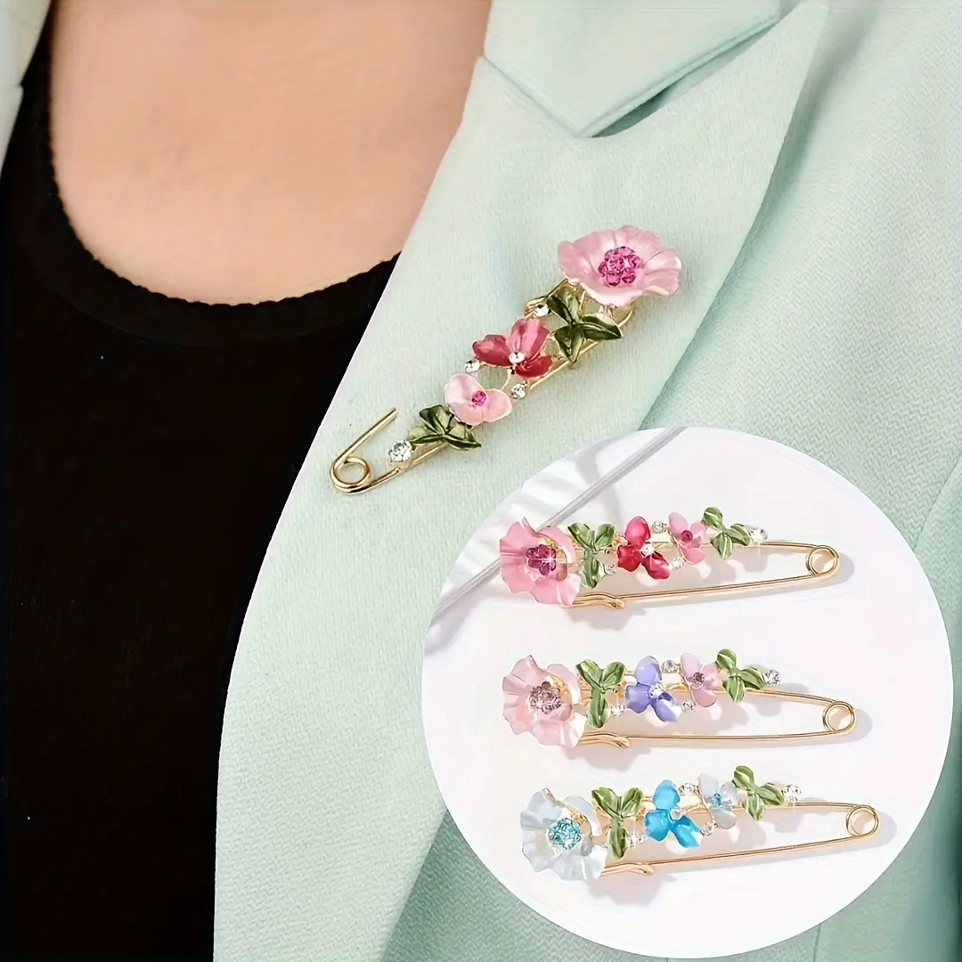 2 Pack Beautiful Bohemian Floral Pattern Safety Pins, Various Mixed Sparkling Rhinestone Fashion Accessory Pins for Scarf Shirt Jacket Outfits