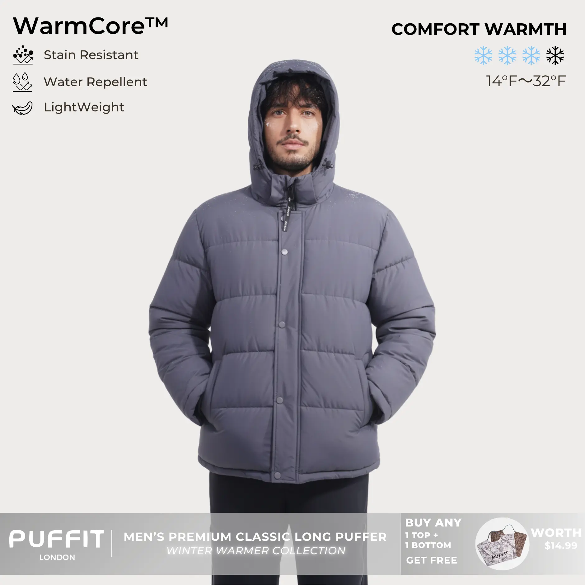 PUFFIT WarmCore Men's Premium Detachable-Hood Puffer Classic Lightweight Winter Coat, Windproof, Water-Repellent, Adjustable Drawstring Design