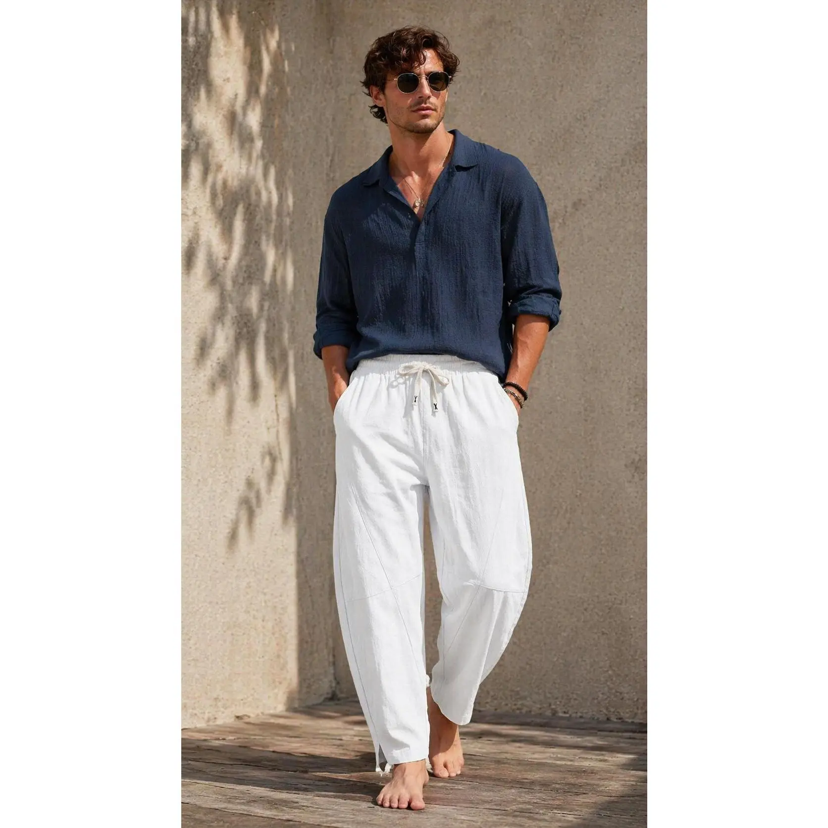 Men's 2026 New Summer Natural Soft Textured Linen-Cotton Woven Plain Pants - Loose-Fitting Solid Plus Size Harem Curved-Cut Tapered, Drawstring Wide Leg Elastic Waist Panel Details, Menswear for Commuter Sweat Use