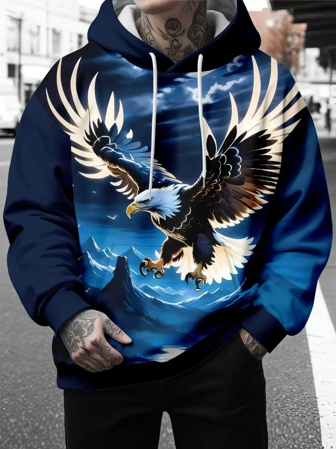 Men Mountain Eagle Landscape Full Print Pullover Hoodie, Nature Scenery Graphic Long Sleeve Hooded Sweatshirt, Casual Outdoor Streetwear Tops For Daily Hiking Outfits, Casual Fashion Sweatshirt