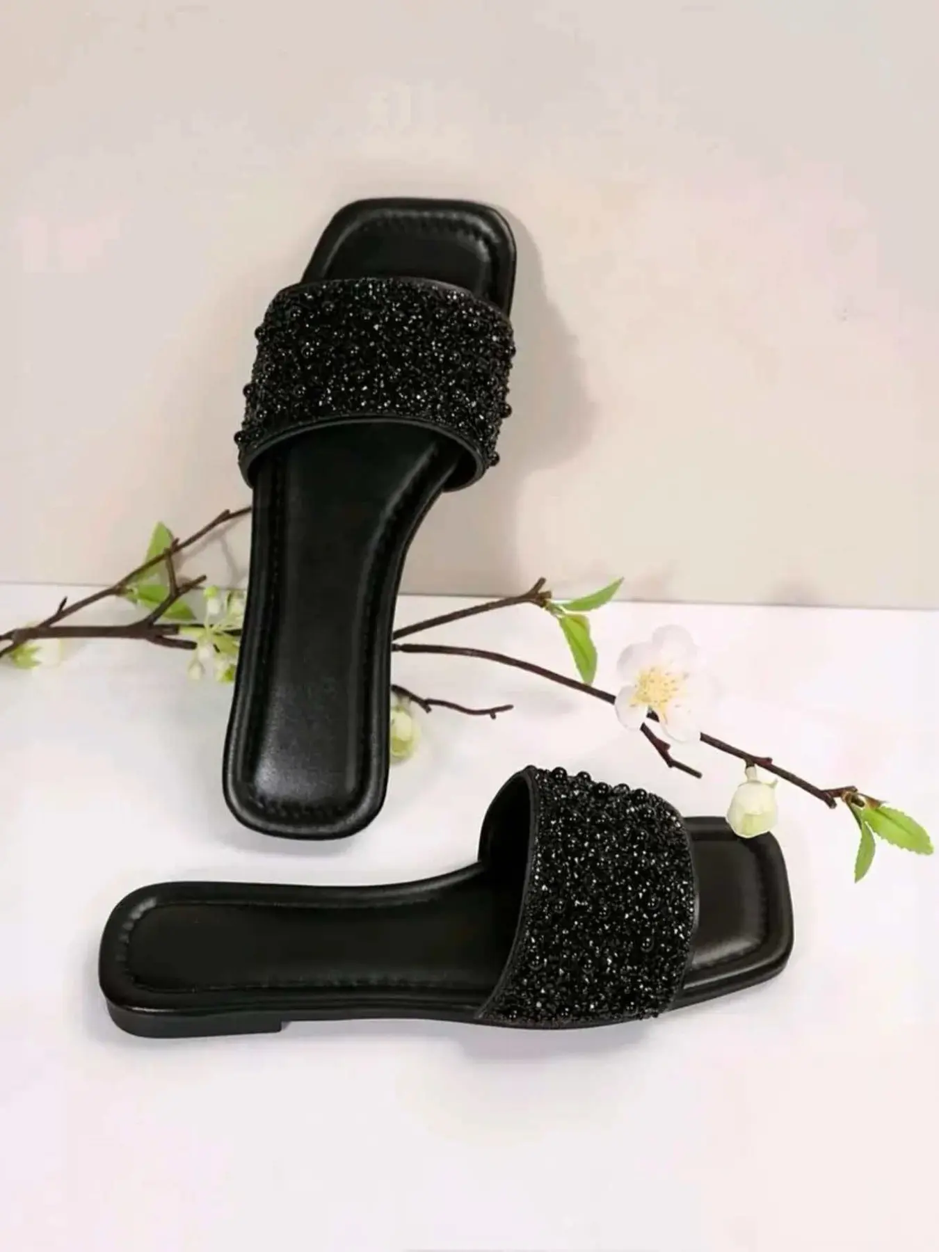 Women's Rhinestone Pearl Decorative Square Toe Embellished Sandals, Elegant Fashionable Sandals, Breathable Soft Sole, Casual Home & Streetwear, Versatile Open-Toe Slippers