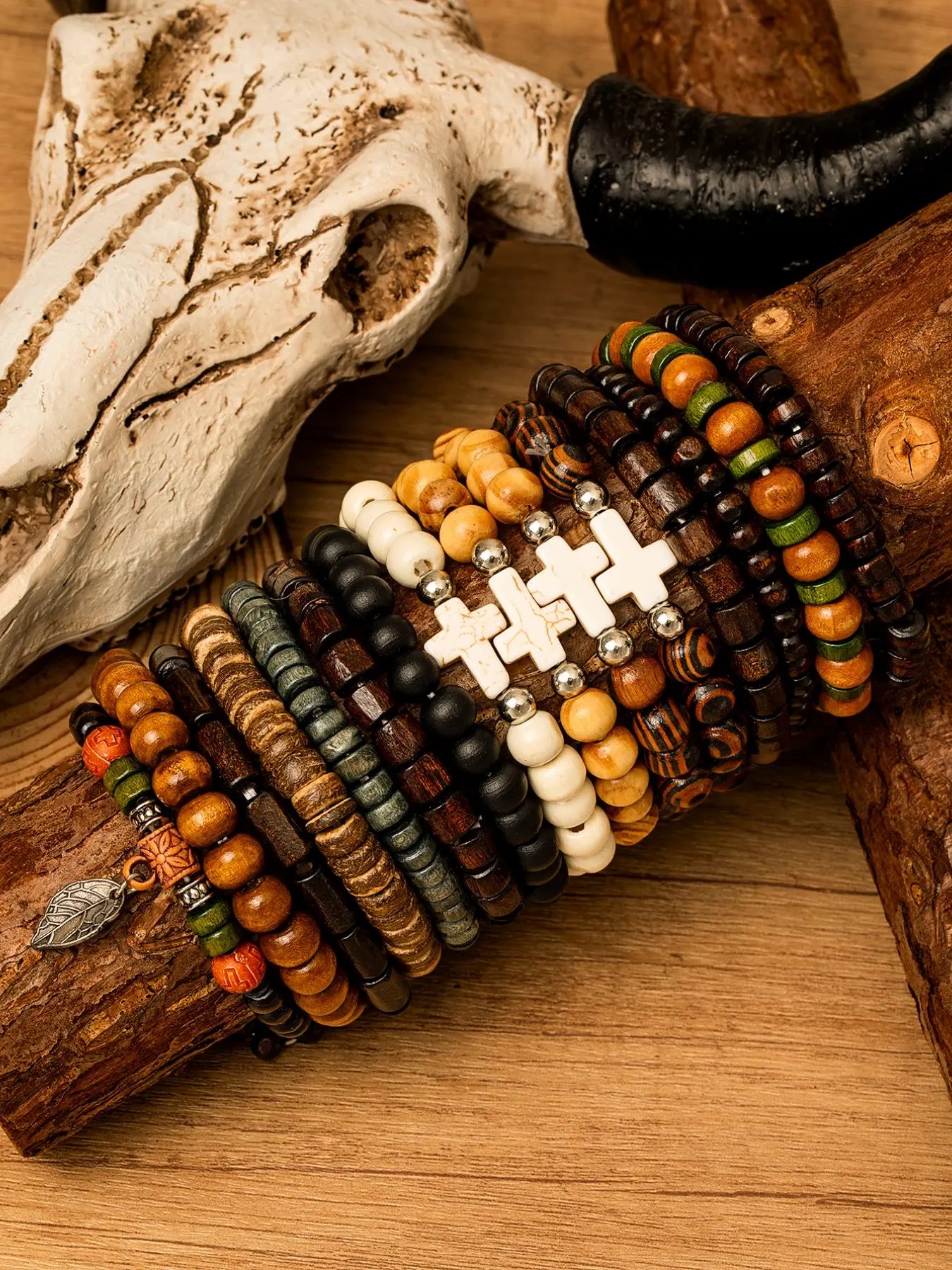 15-Piece Western Cowboy Cross Wooden Bead Bracelet Set, Vintage Bohemian Layered Wrist Cuffs, Unisex Streetwear Accessories