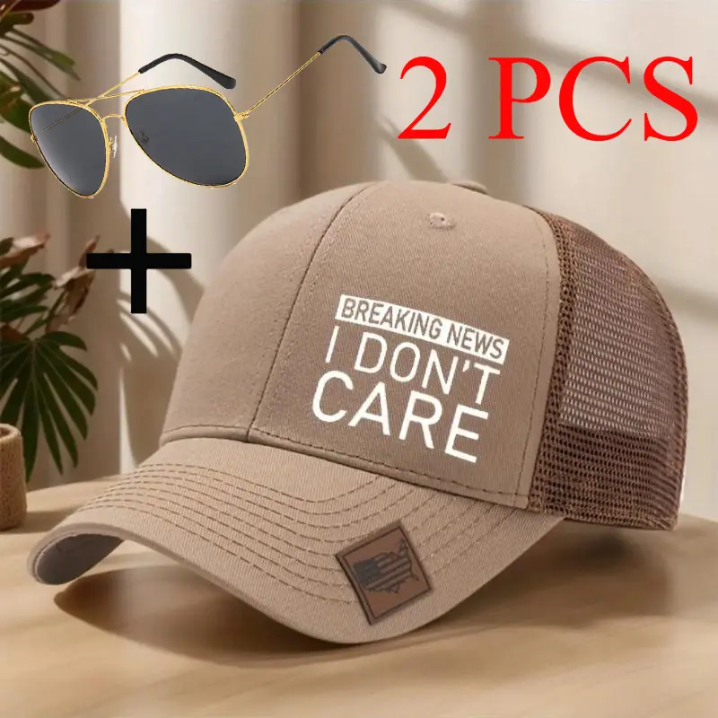 2 PCS Set: Unisex "I Don't Care" Mesh Trucker Hat + Gold Frame Aviator Sunglasses, Breaking News I Don't Care Letter Baseball Cap, Breathable Sun Protection Outdoor Sports Cap Adjustable Curved Brim Hat for Hiking Travel