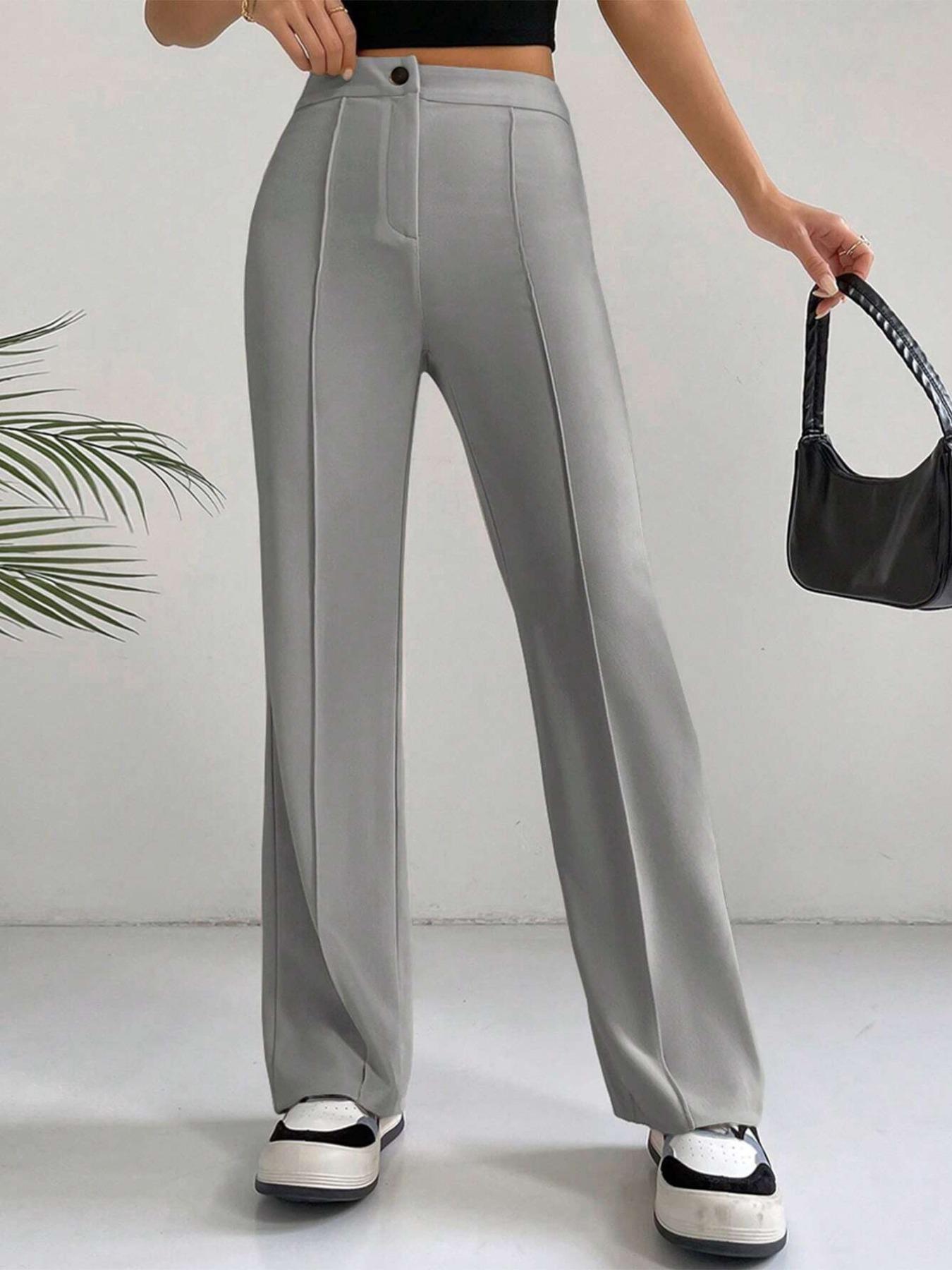 Women's Plain High-Waist Straight-Leg Pants, Casual Lounge Pants, Comfy Zipper Trousers for Daily Wear, Ladies Button Bottoms for All Seasons