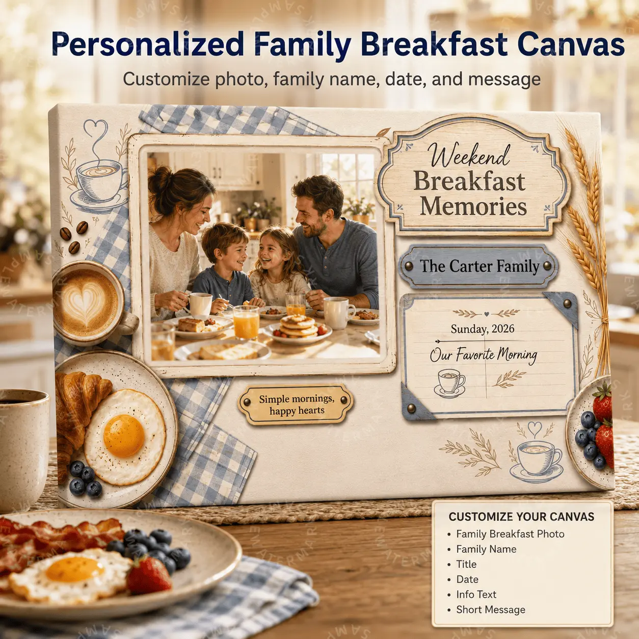 Personalized Family Breakfast Canvas, Custom Family Name Date Message Wall Art, Rustic Farmhouse Kitchen Aesthetic Poster, Weekend Breakfast Memories Decor, Meaningful Family Gift Home Decor