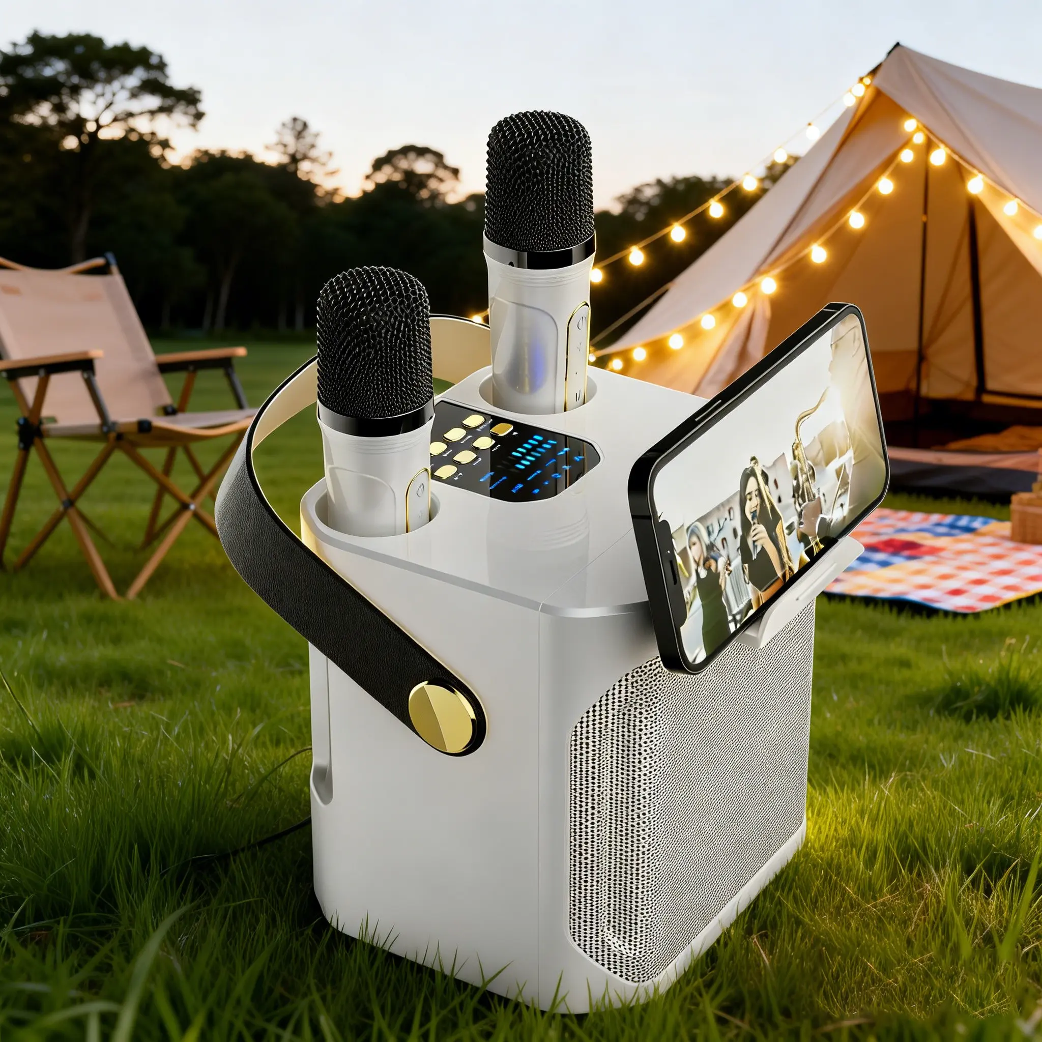 BT-compatible Speaker with Dual Microphones, Portable Audio Karaoke Player, 360° Stereo Waterproof Wireless Subwoofer, Ideal for Outdoor Parties, Portable Party Speaker