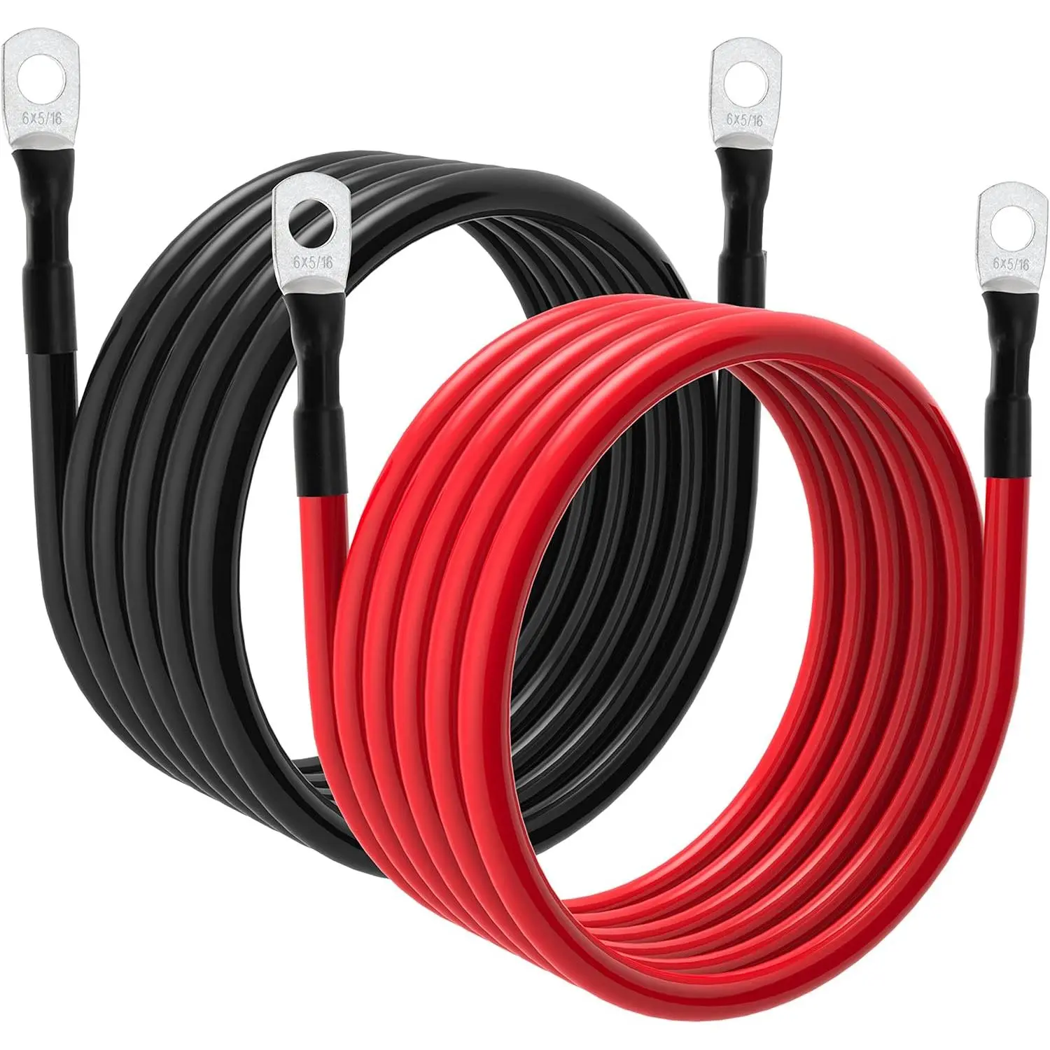2 Pcs 6 AWG Automotive Battery Cables - 5ft Corrosion-Free Copper Wire, 5/16in Hole Tinned Lugs, for Power Inverters, Motorcycle, Marine, Car Repair Tools (Solar Compatible)