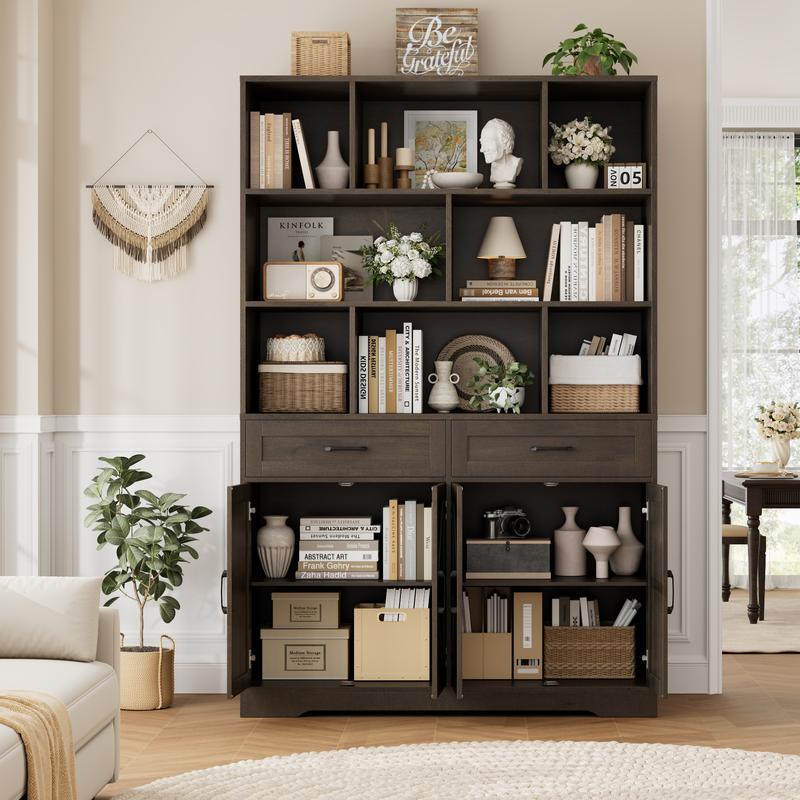 HOSTACK 71" Tall Bookcase with Drawers and Doors, 47" Wide Book Shelf and Bookcase with Storage, 6 Tier Large Book Storage Cabinet with 14" Deep Display Shelves Living Room White FathersDayGift