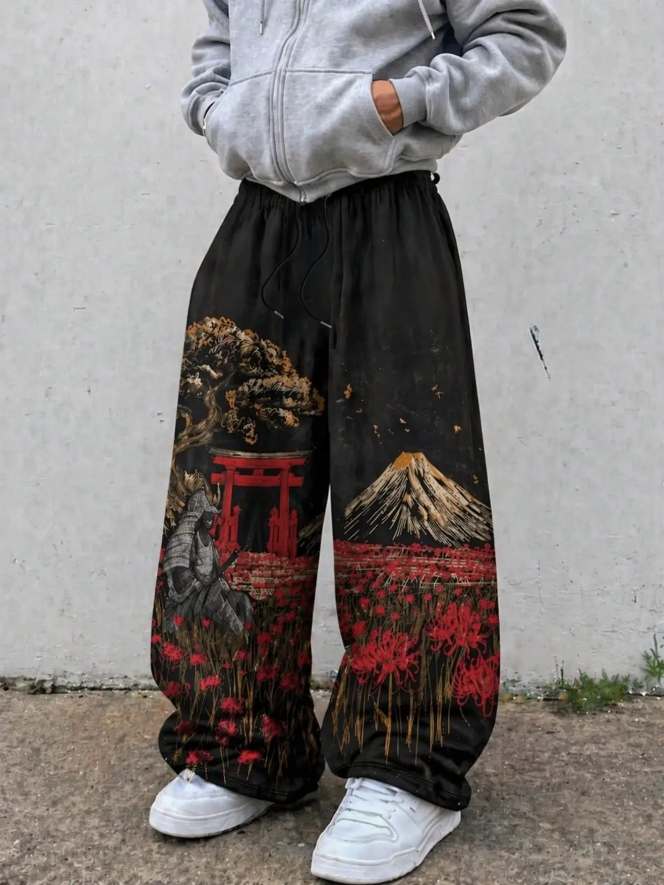 Men's Black Drawstring Elastic Waist Wide Leg Pants, Oversized, Full Print Ukiyo-e Samurai Torii Gate Mount Fuji Red Spider Lily Pine Tree Landscape Graphic, Street Fit, Soft Light Woven Fabric, Side Pocket Design, Japanese Retro Y2K Hip Hop Daily Casual