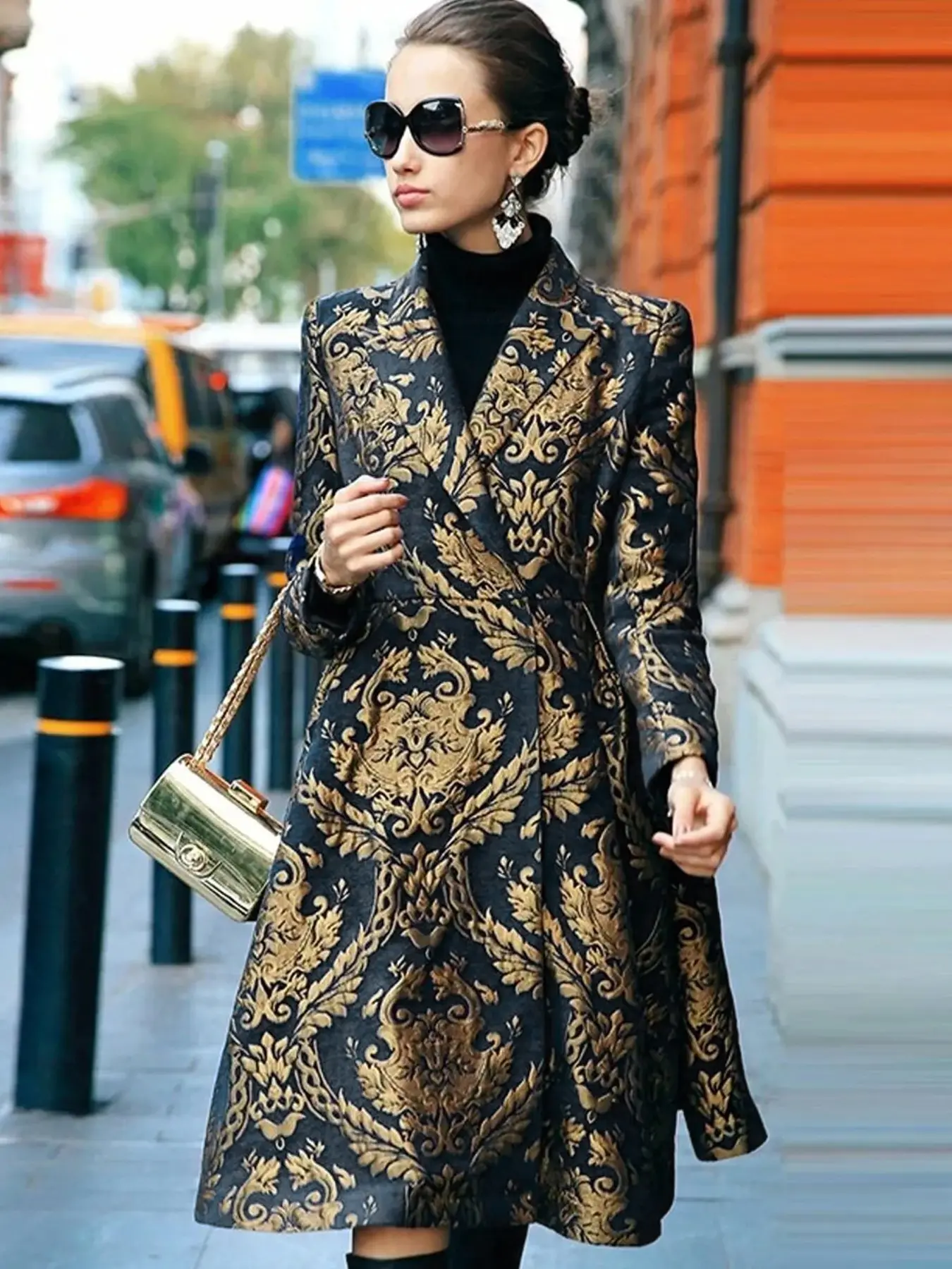 Women's European Vintage Jacquard Waisted Coat, Notched Collar Long Flared A-Line Court Elegant Style Outerwear