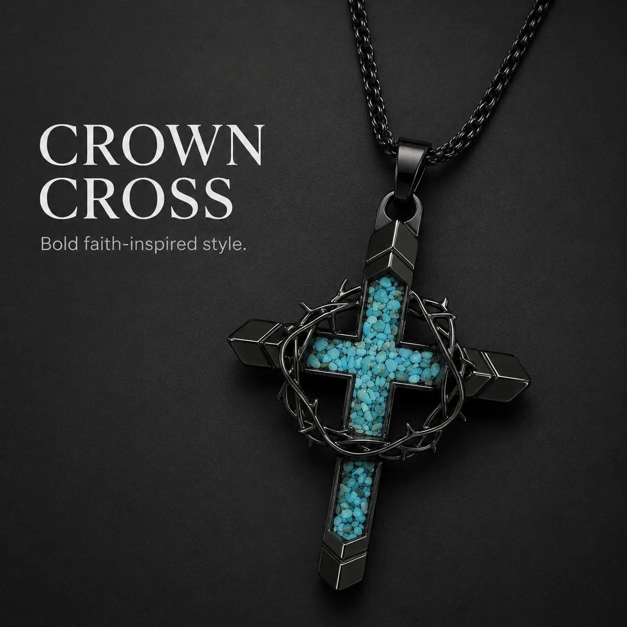 Men's Crown of Thorns Cross Necklace - Alloy Pendant with Synthetic Turquoise Inlay, 24in Men's Fashion Religious Hip Hop Costume Jewelry, Approx. 25g Cross and Thorns Necklaces