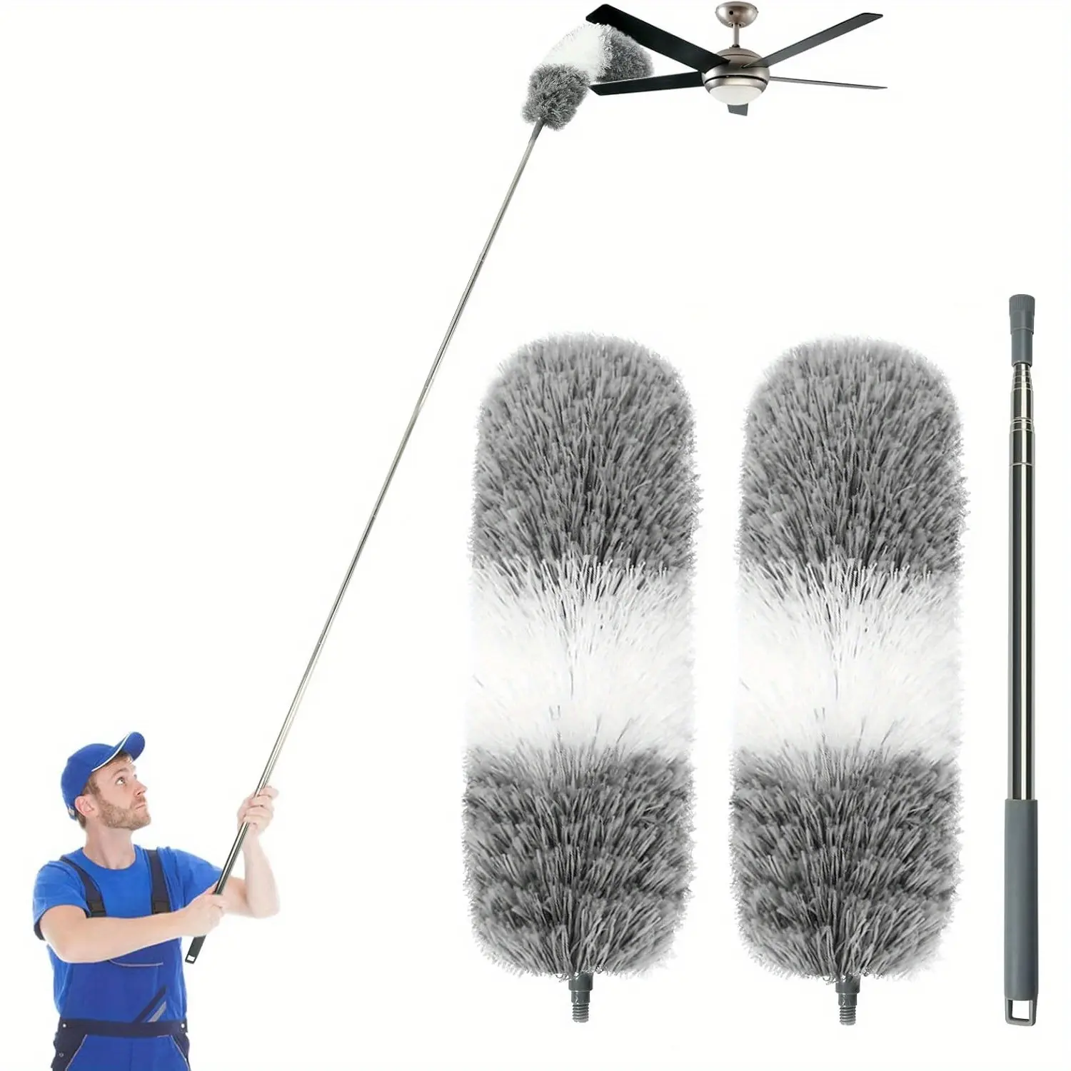 Scalable ultra-fine fiber dust collector/brush with 2 bendable replacement heads, long pole dust removal tool, used as a household cleaning tool, Ceiling Fan Duster, Extendable Duster, for ceiling fans, cabinets, and car kitchens