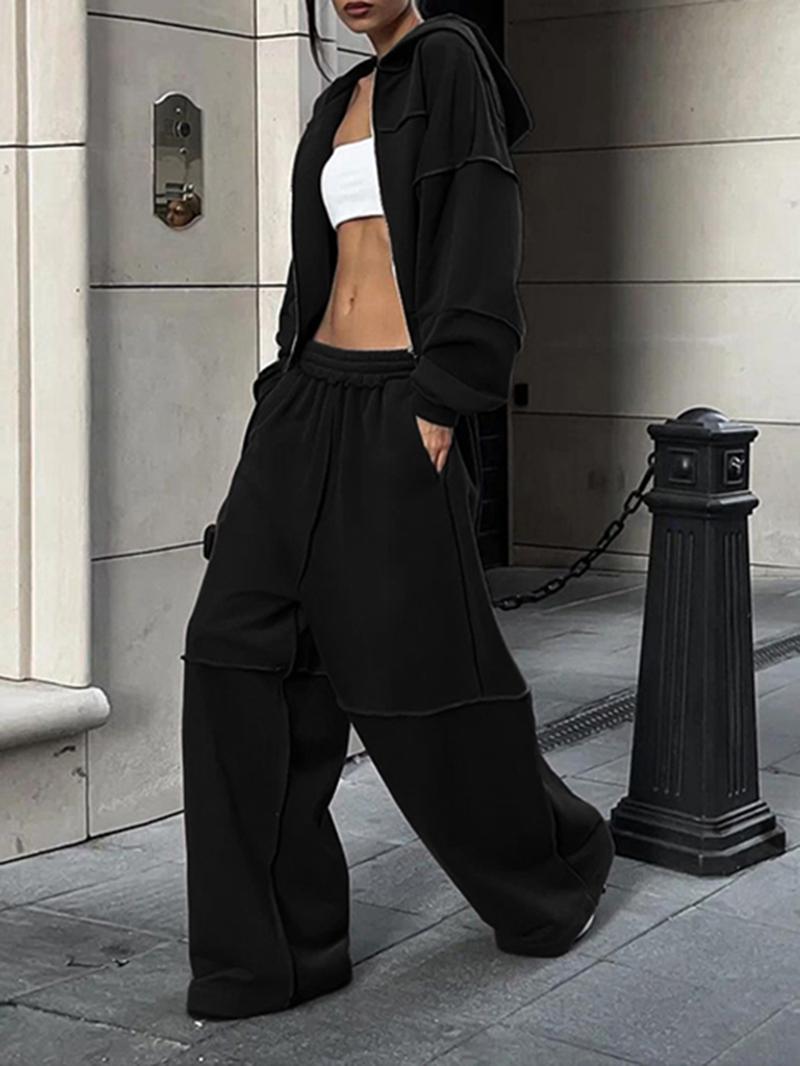 Women's Solid Zip Up Hooded Sweatshirt & Pocket Elastic Waist Pants Two-piece Set, Casual Drop Shoulder Long Sleeve Top & Trousers for Fall & Winter, Women's Clothes for Daily Wear Women's Solid Zip Up Hooded Sweatshirt & Pocket Elastic Waist Pants Two-piece Set, Casual Drop Shoulder Long Sleeve Top & Trousers for Fall & Winter, Women's Clothes for Daily Wear