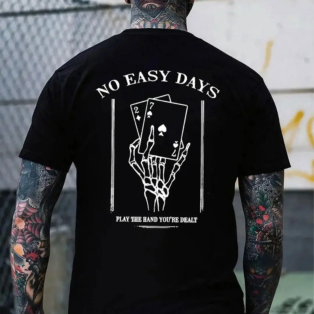 NO EASY DAYS Cotton Round Neck Regular Fit Casual Streetwear Top - Men's Black Bone Hands with Pokers Print Naughty Sports & Outdoor T-Shirt, Shortsleeve, All Seasons