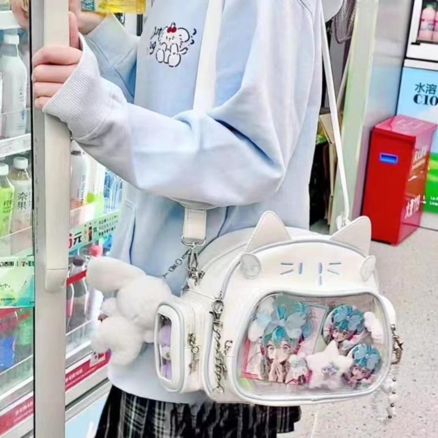 Y2K Korean Cute Cat Ita Bag Japan Kawaii PU Crossbody Bag Girls Transparent Pocket Harajuku Shoulder Bag Silver Fashion Backpack