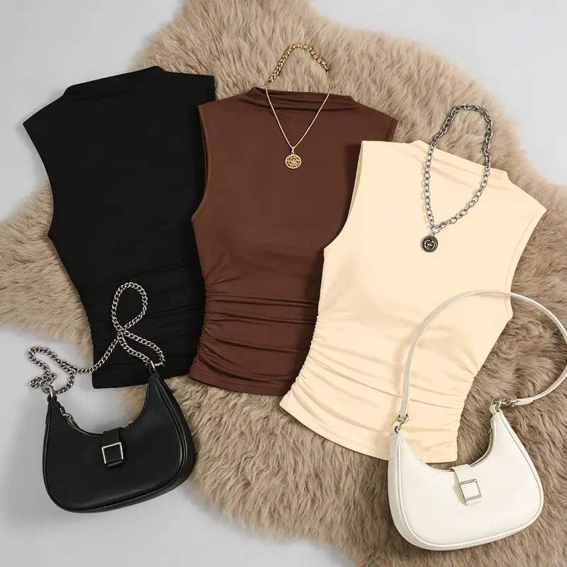 Three-Piece Women's Casual Slim Fit Sleeveless Solid Color Ruched Camisoles, Casual Comfy Camisole, Cami Tank Tops, Stylish & Comfortable Summer Wear