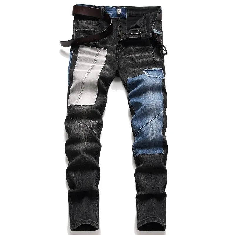 XIMXIMMTIAN Menswear Men's Designer Straight Slim Fit Stretch Rewash Denim Jeans - Bike Style, Motorcycle Style, Urban Streetwear, Tear Detail, Pockets for Outdoor Casual Use, Bike Style Jeans Fathersdaygift Trendy