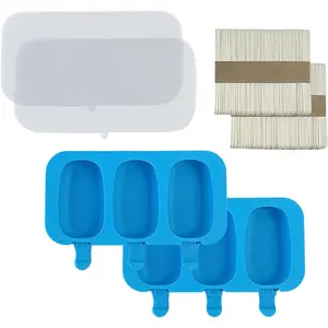 [Summer essentials]Homemade Popsicle Silicone Molds with Lid Popsicle Molds BPA-Free, Ice Pop Molds with 3 Cavities, Cake, Ice Cream and Popsicle Maker Easy Release with 100 Popsicle Sticks (Set of 2 Blue)Gift