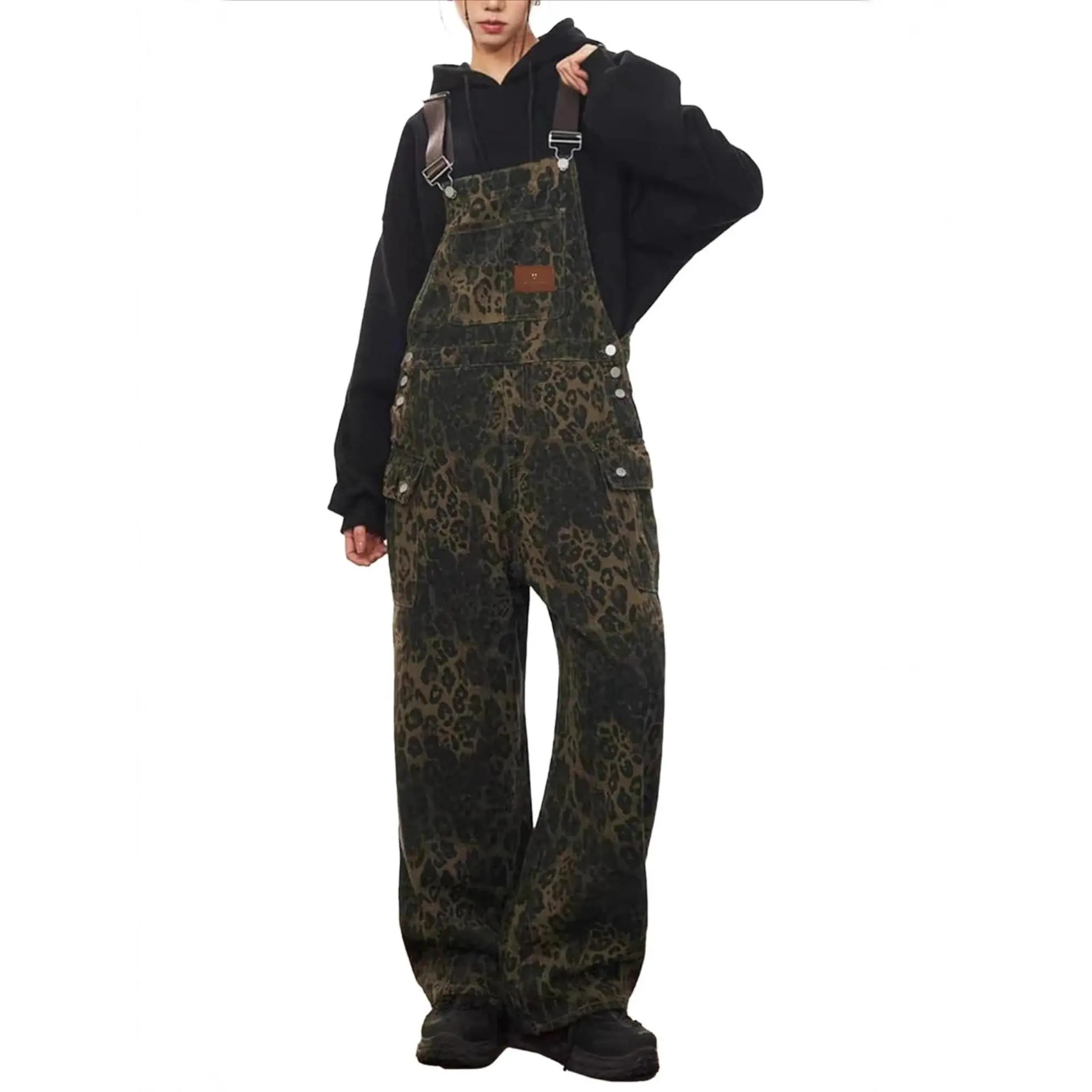 Women's Cotton Polyester Blend Leopard Print Denim Overalls, Adjustable Straps Loose Wide Leg Cargo Bib Overalls Streetwear Jumpsuit