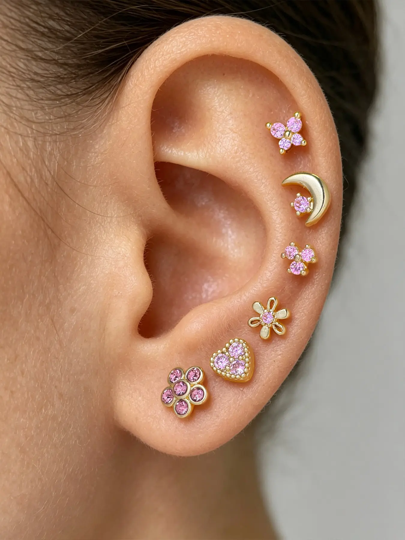 6 Pcs Y2K Fashion Simple Flower Moon Heart Zircon Ear Studs, Cartilage Earrings, Women's Cartilage Piercing Jewelry Set, Earring Stacking Set, Daily Wear, Date, Summer Party
