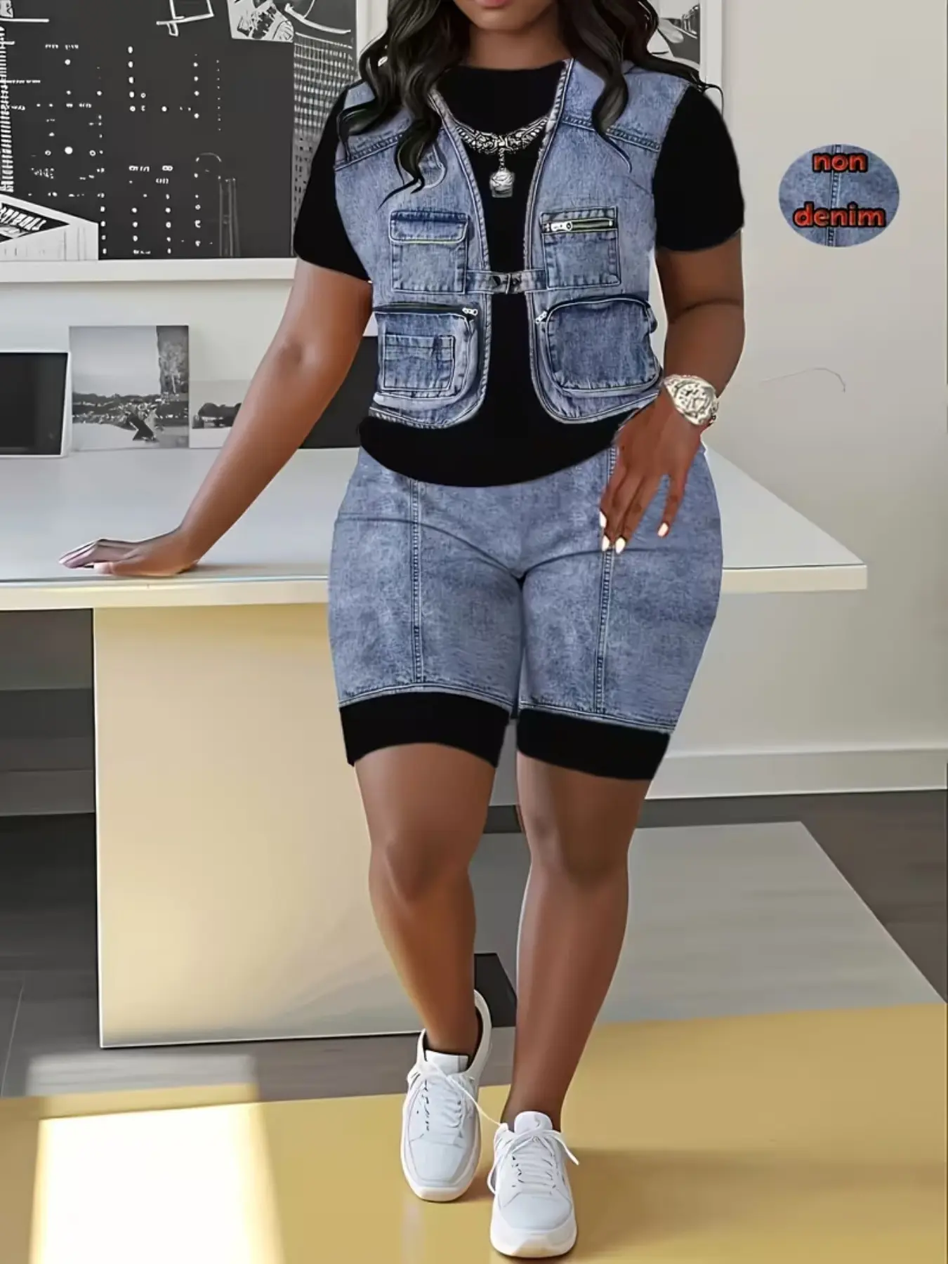 Women's Denim Print Short Sleeve Set, Casual Two-Piece, Daily Wear Fashion Ensemble, Comfortable & Stylish Ladies' Clothing