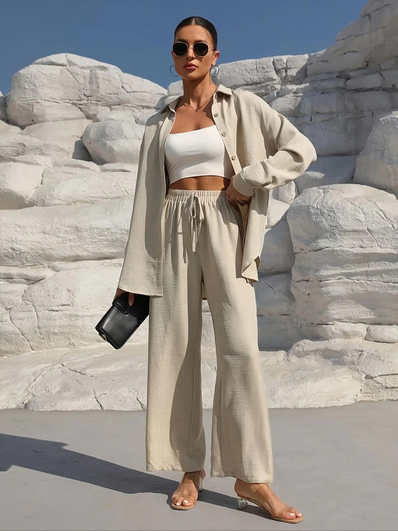 Women's Solid Collared Button Front Shirt & Tie Front Wide Leg Pants Two-piece Set, Casual Drop Shoulder Long Sleeve Fitted Top & High Waist Trousers for Spring & Fall, Linen Set, Loose Pant Sets, Womenswear