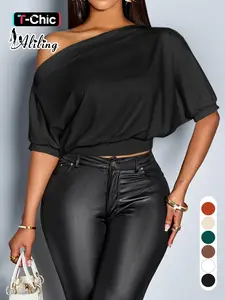 Aliling Elegant Casual Women's Plain Short Sleeve High Waist Fitted T-Shirt, Stylish All Seasons Fashion Top, Slanted Asymmetrical Neck Design