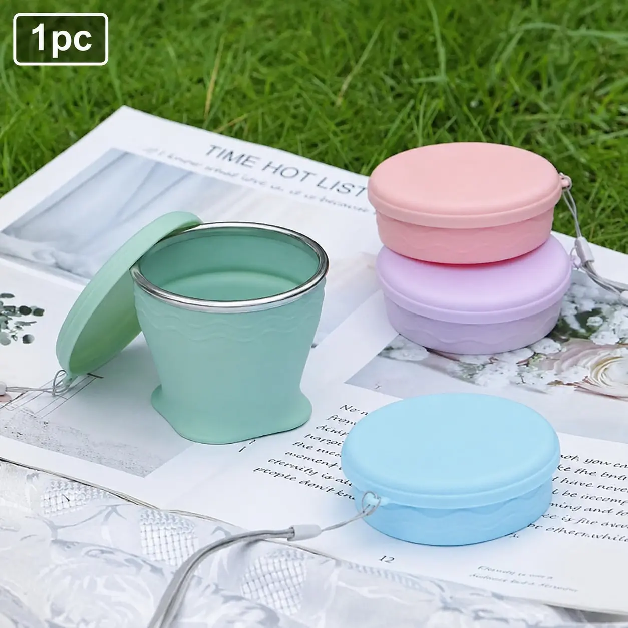 200ML Collapsible Silicone Travel Cup, Stainless Steel Rim, Lid, Wrist Strap, Portable Folding Cup, 1 Pack, Ideal for On-The-Go Use