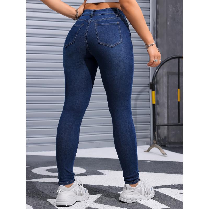 High Stretch Slim Fit Blue Denim Jeans - Soft, Comfortable, and Elegant Womens Casual Pants with Slant Pockets - Hand Wash Only, All-Season Wear, No Printing, Woven Fabric