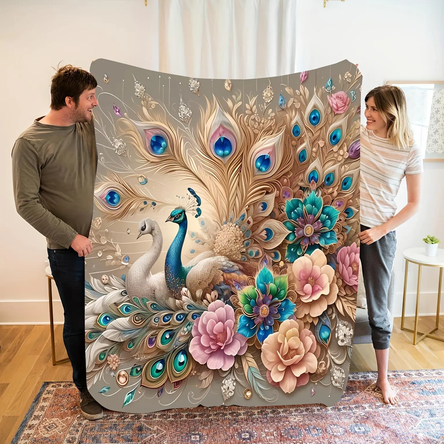 Floral Peacock Flannel Blanket - Anti-Pill Fleece, Soft Warm Tear-Resistant, Elegant Golden Feathers Design for Camping Trip & Room Decor, Cozy Gift for Friends Family, Hippie Galaxy Space Horror Western Bohemian Mandala Wall Tapestry, Home