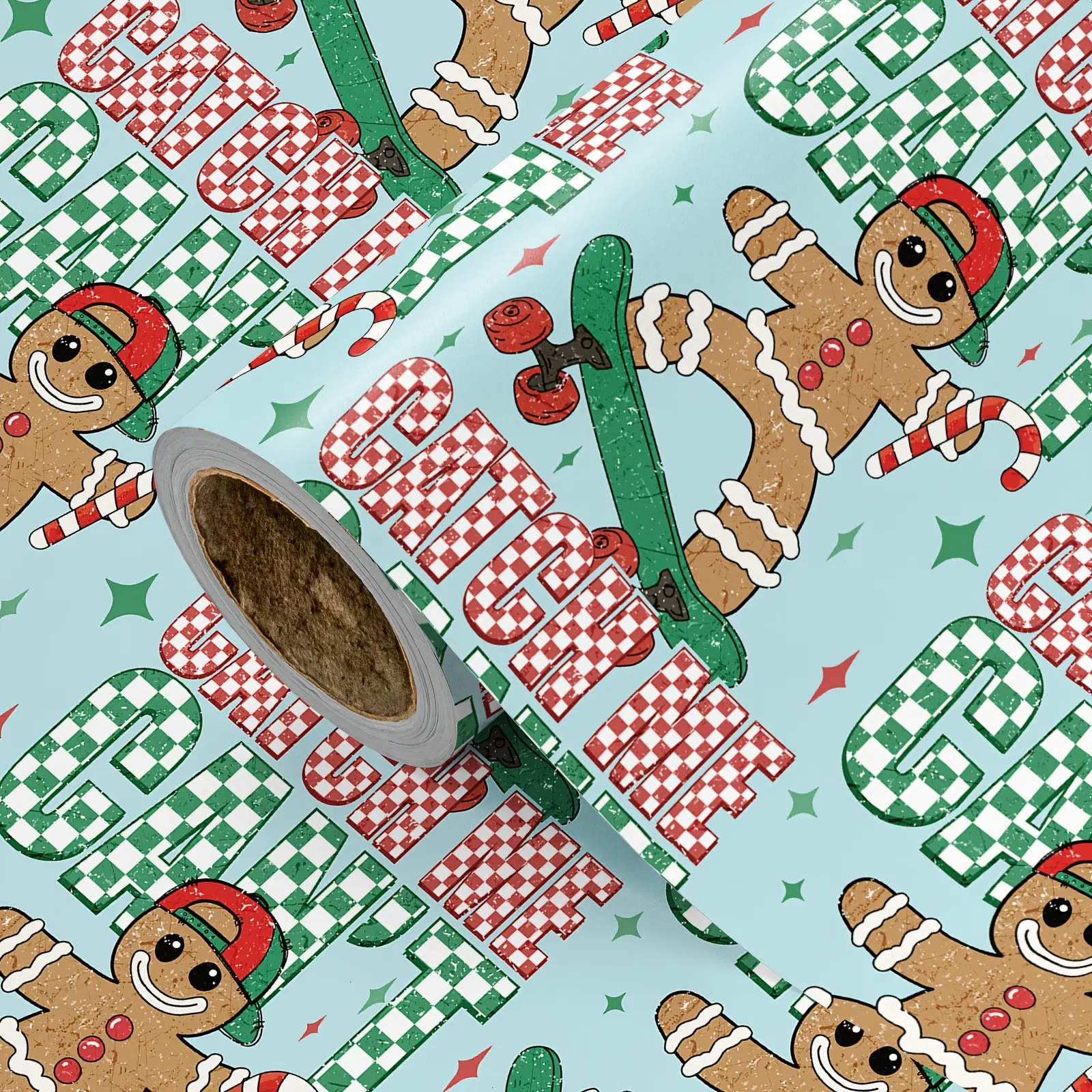 Christmas Wrapping Paper Roll, Light Blue Skateboard Gingerbread Man, 'catch Me' Text, Plaid Pattern, Fun Gift Wrap, 43.2cm X 500cm