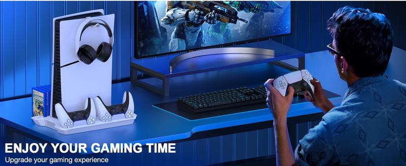 ESYWEN PS5 Pro/Slim Stand & Cooling Station with Controller Charging for PlayStation 5 Disc Digital Console, 3 Levels Fan, 13 Game Slots, 3 USB Hub, Headset Holder, Wearable