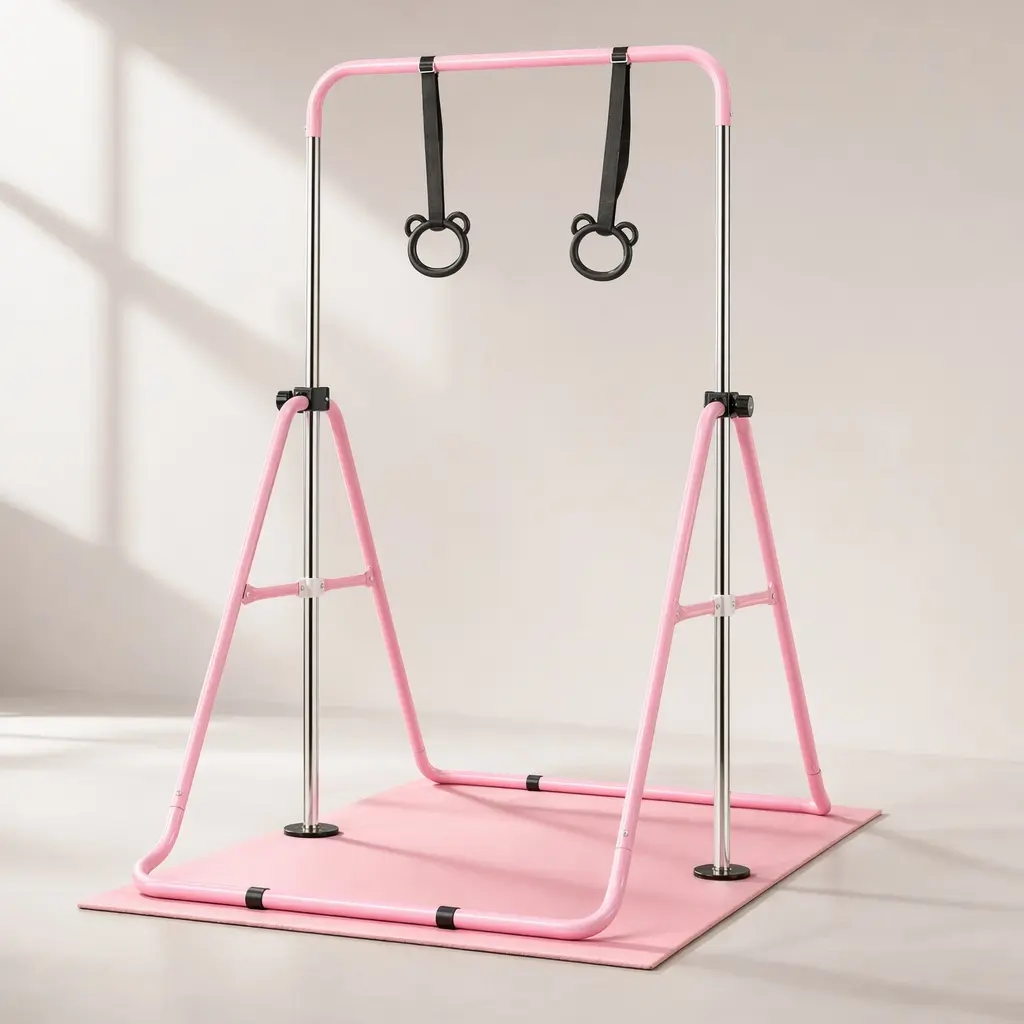 Pink Adjustable-Height Children's Horizontal Gymnastics Bar with Bear Rings, Multi-Functional Gymnastic Equipment for Indoor Home Gym/Playroom, Sturdy Steel Frame, Easy Assembly