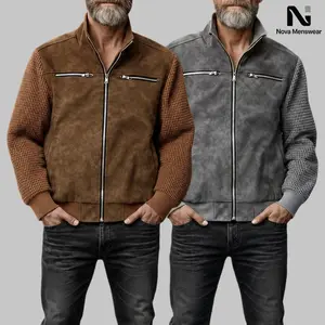 Men's Suede Waffle Knit Patch Bomber Jackets, Stand Collar Full Zip Casual Outerwear, Multi Zipper Pocket Textured Transition Coats, Loose Fit Vintage Daily Business Windproof Jackets for Men, Mens Mixed Fabric Patch Bomber Outerwear Bulk puffer