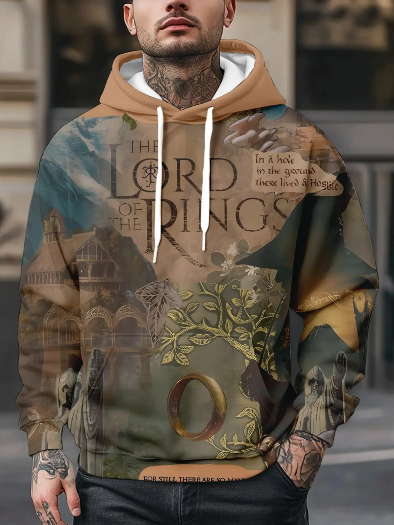 Men's Warner Collaboration Sweatshirt, 3D Lord of the Rings Print, Fitted Casual Hoodie, Fall & Winter, Comfortable Everyday Wear