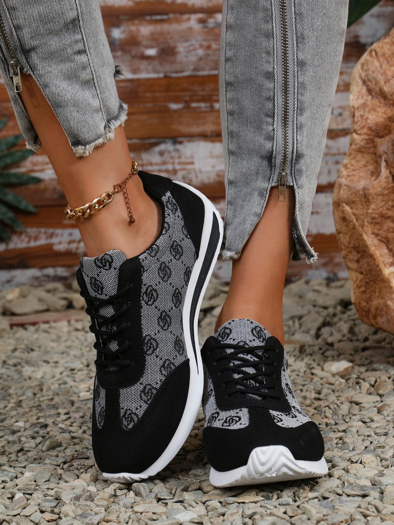 Women's Fashionable Floral Pattern Lace Up Low Top Sneakers, Casual Comfortable Breathable Sports Running Shoes, All-match Basic Shoes for Daily Wear, Sporty Running Shoes