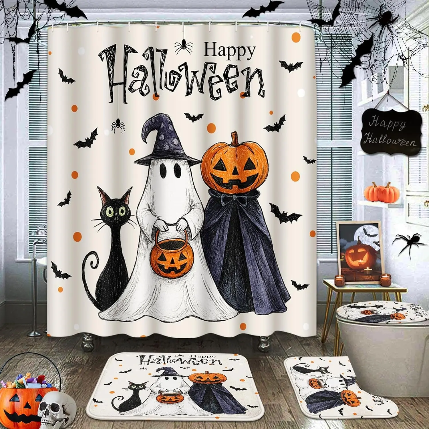 Cat Pattern Design, 4-Piece Bath Set, Modern Bathroom Decor, Includes Carpet (U-Shaped Bath Mat, Toilet Cover) and 12 Durable Hooks, Non-Slip Floor Mat, Waterproof Shower Curtain, Polyester Fiber