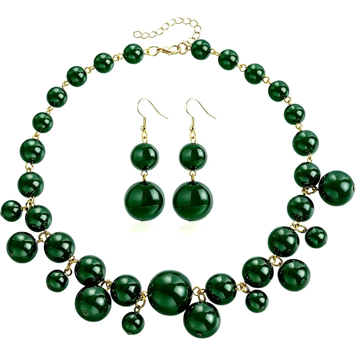 Chunky  Ball Bead Necklace Earring Set for Women, Bold Statement Bib Necklace Double Ball Drop Earrings, 80s 90s Retro Costume  for Party Prom