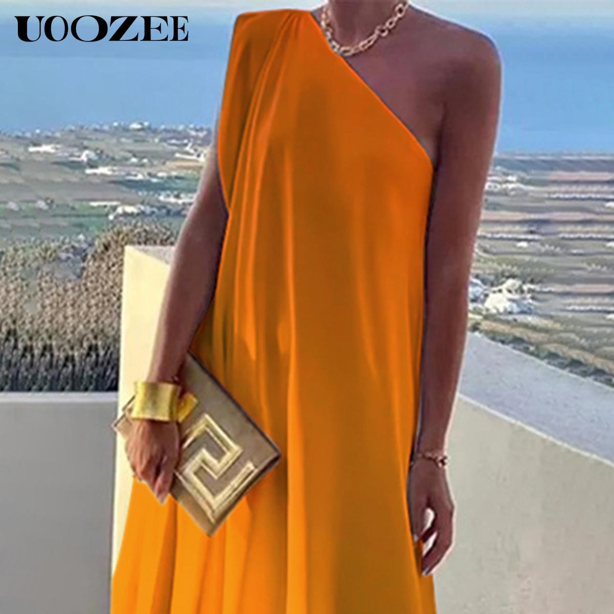 UOOZEE Women's Casual Loose Asymmetric Solid Color Split-Joint One-Shoulder Maxi Dresses, Party, Holiday Elegant Style, Chiffon Fabric, birthday outfit One Size Up Recommended for C - Cup and Above