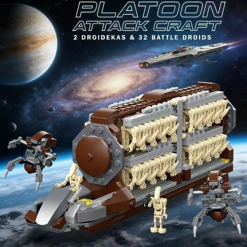 Space Combat Building Block Model, Transport Vessel & Attack Fighter Dual Assembly Set, Sci-Fi Desktop Collectible Display Ornament