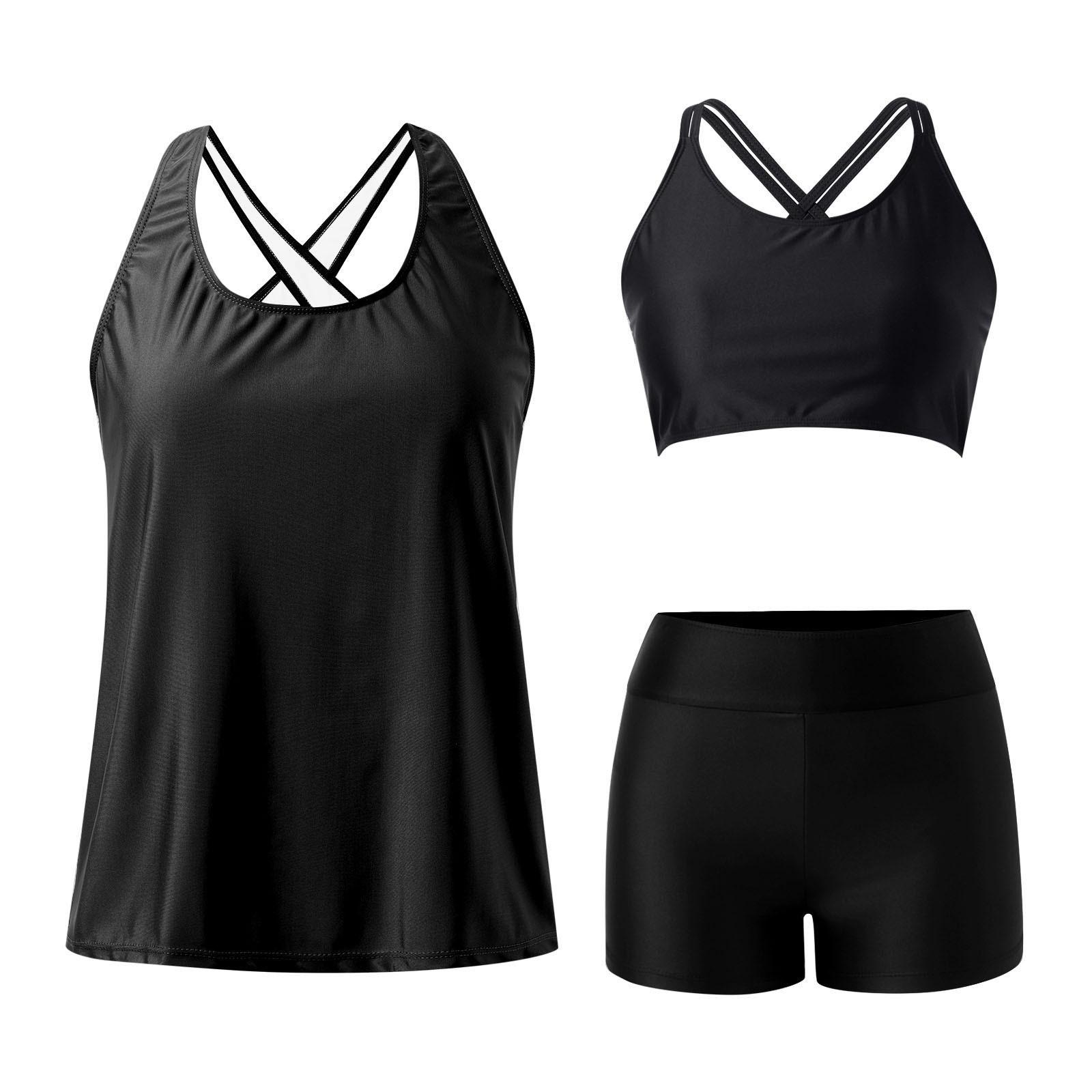 Women's Mint Green 3-Piece Tankini Swim Set - Racerback Tank Top with Floral Boyshorts & Sports Bra for Modest Beach Wear