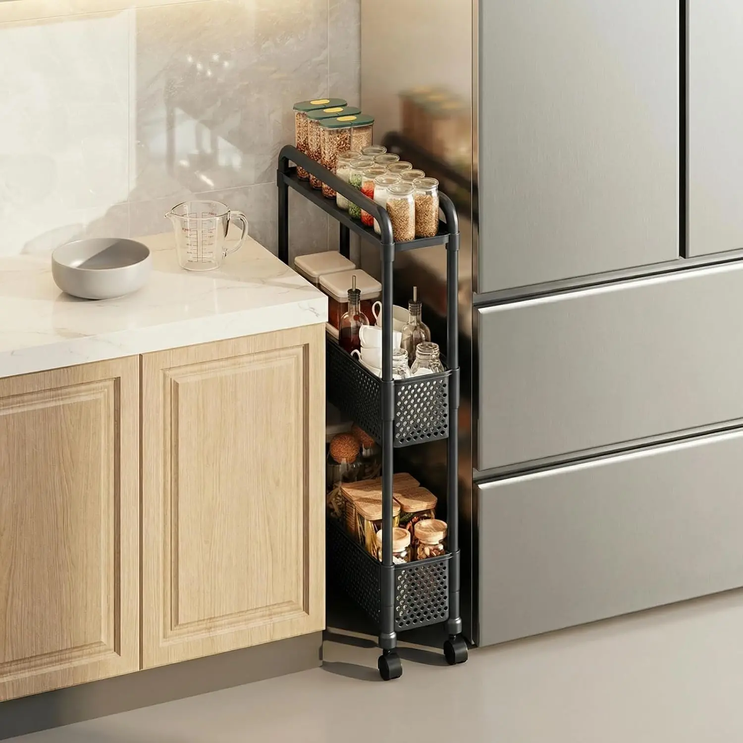 Slim Storage Cart, Plastic Kitchen Gap Storage, Multi-Layer Organizer with 360 °   Swivel Wheels for Kitchen Bathroom (Black,3 Tier)