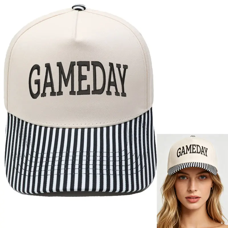 Viral Gameday Graphic Cap Cream Black White Striped Brim Baseball Hat Y2K Aesthetic Streetwear Sporty Vibe Gift For Her