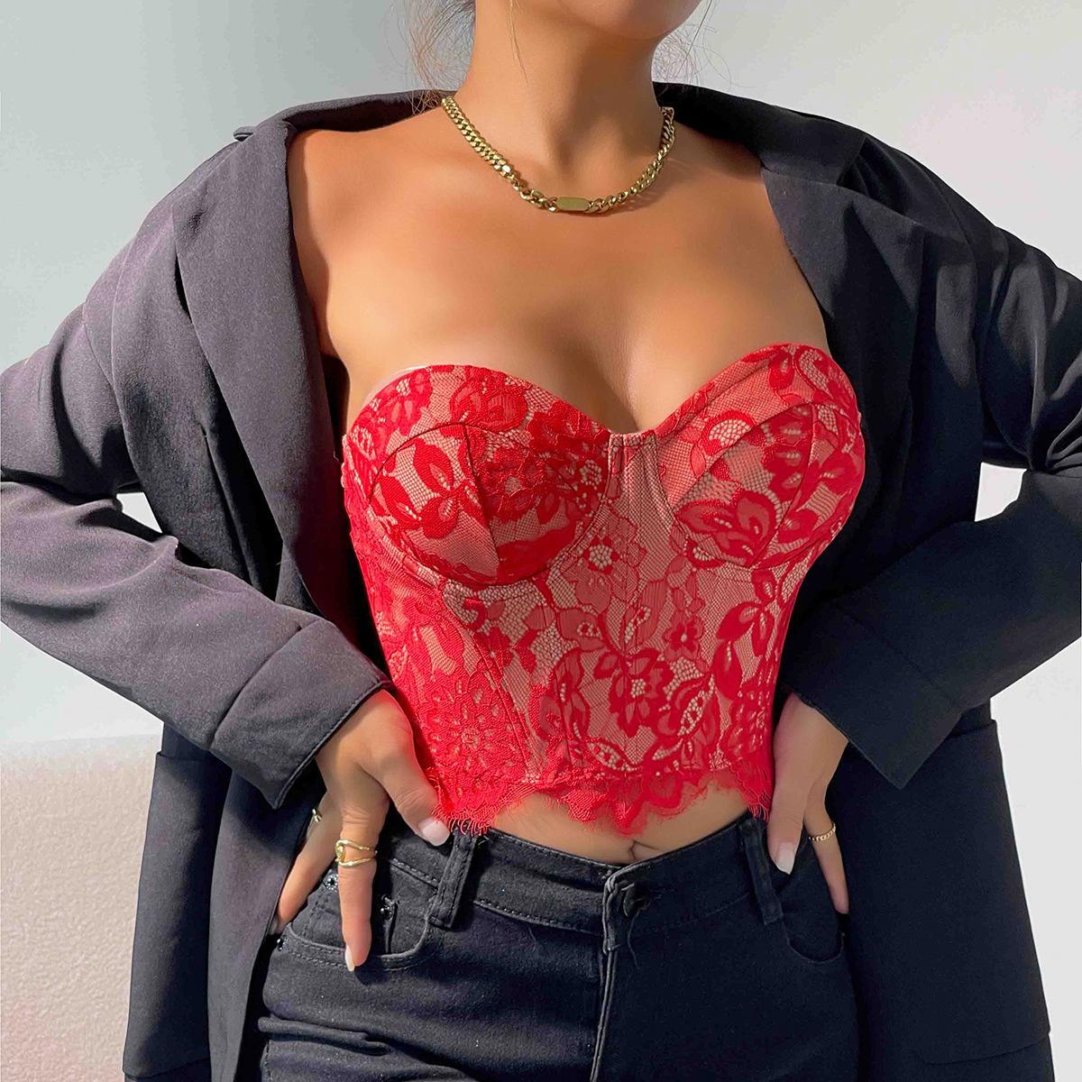 Women's Top Sexy Lace Eyelash Flower High Sense Underwear Bandeau Vest Womenswear Comfort Apricot Basic