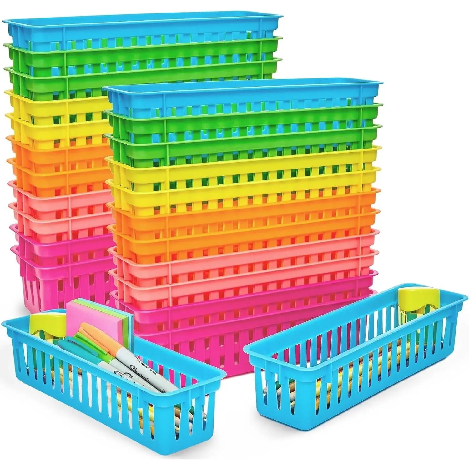 24-Pack Plastic Pencil Holder Trays and Organization Baskets - Desk Caddy Organizer for Elementary Teachers, Classroom Supplies and DecorationGift